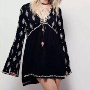 Free People Diamond Embroidered Tunic Bell Sleeve Black Dress XS